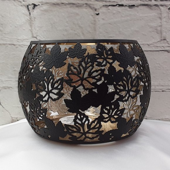 BATH & BODY WORKS FLANKED~LEAF MATTE BLACK GOLD INLAY 3~WICK CANDLE CHANDLER - Picture 4 of 16